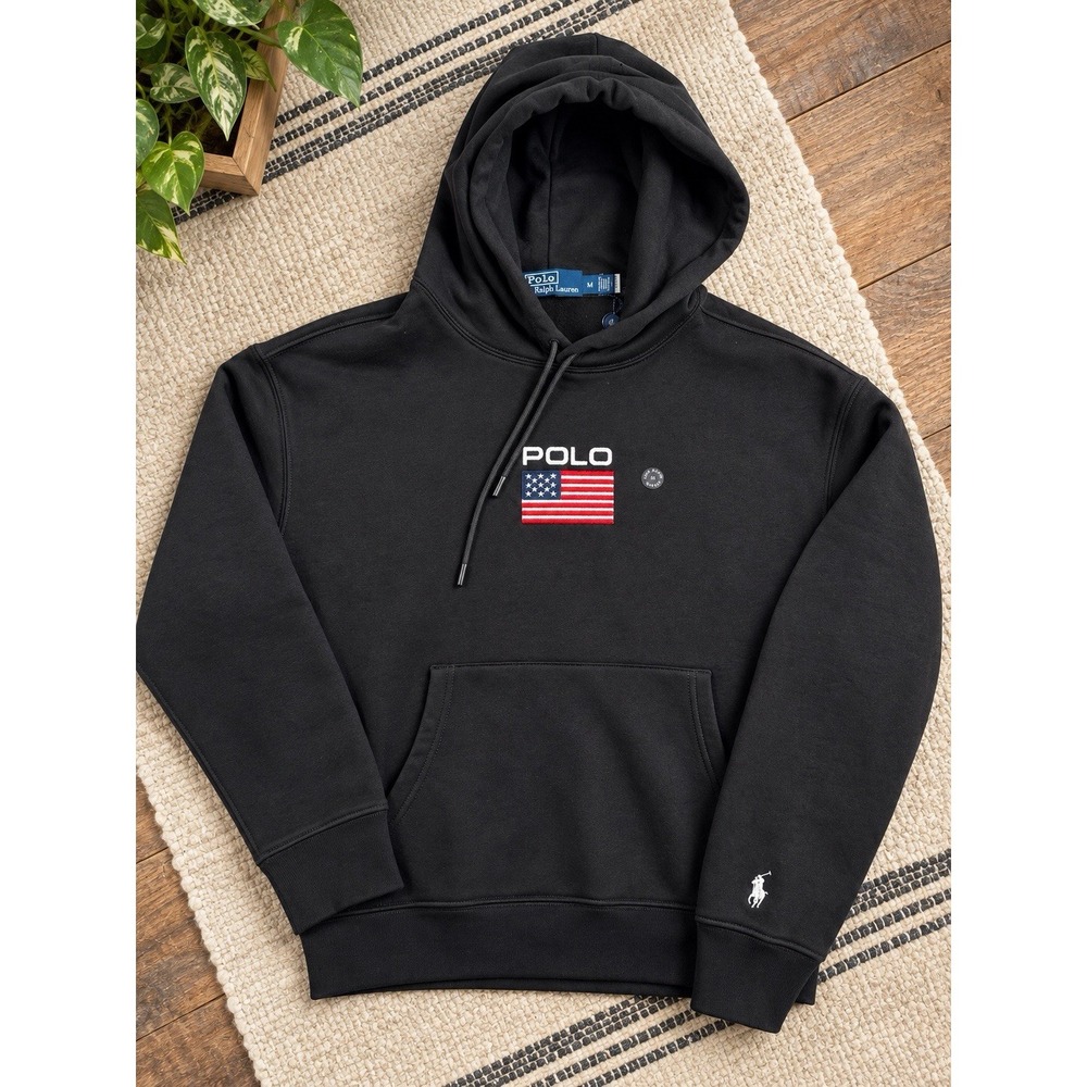Polo Ralph Lauren Flag Fleece Hoodie Mens M Black USA American Flag Embroidered